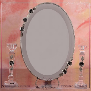 آینه و شمعدان بیضی کریستال نقره گل رز